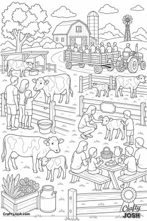 Petting farm with cows and visitors