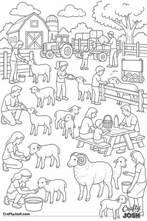 Petting farm with lambs and visitors
