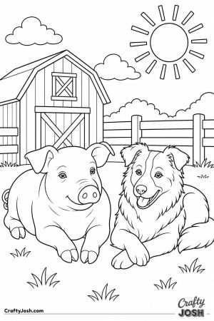 Pig and sheepdog friends in the yard
