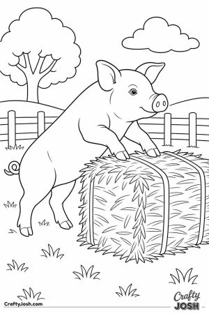 Pig climbing onto a straw bale