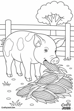 Pig eating corn cobs from a pile