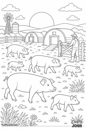 Pig farm at sunset with pigs going to bed