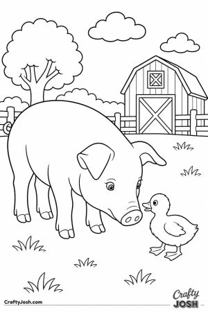 Pig meeting a curious duckling