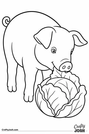 Pig nibbling a cabbage