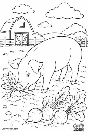 Pig rooting up turnips in a field