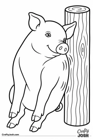 Pig scratching its side on a post