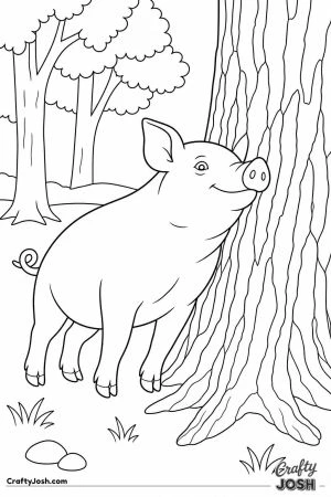 Pig scratching on a tree trunk in the woods