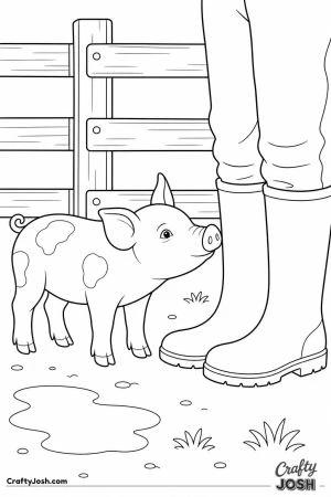 Piglet sniffing the farmer boots