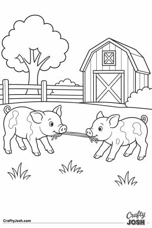 Piglets playing tug of war with straw