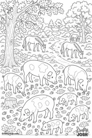 Pigs and ponies in an autumn forest