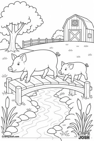 Pigs crossing a small wooden bridge
