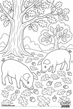 Pigs eating acorns in the autumn forest
