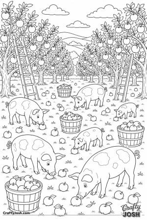 Pigs eating fallen apples in an orchard