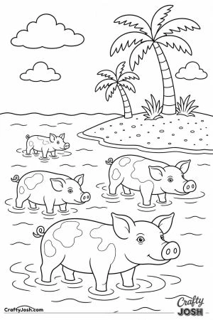 Pigs swimming in the sea by a sandy island