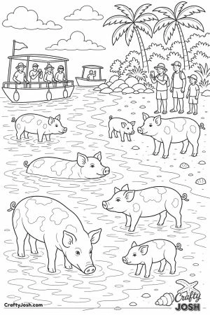Pigs swimming off a tropical island beach