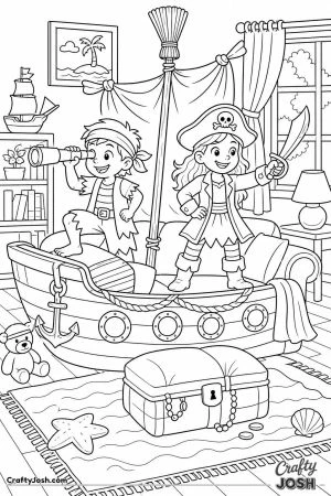 Pirate costume kids sailing a sofa ship