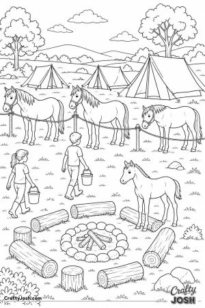 Pony camp with tents and ponies in a field