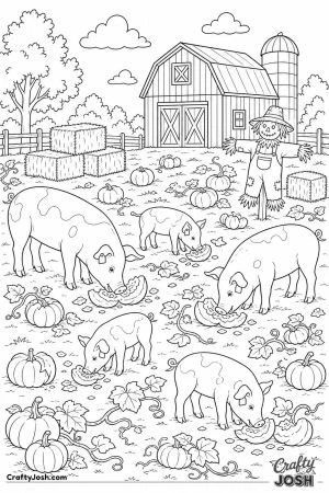 Pumpkin farm with pigs eating leftover pumpkins