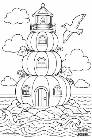Pumpkin lighthouse on a rocky shore