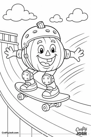 Pumpkin riding a skateboard down a ramp