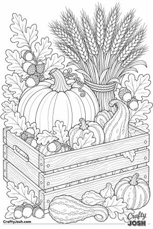 Pumpkin with wheat sheaves and oak leaves in a wooden crate
