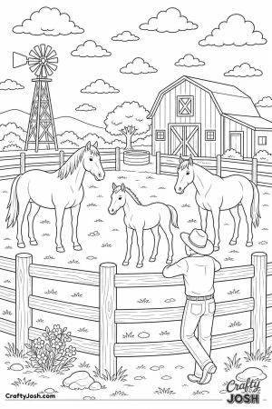 Ranch corral with horses and a windmill