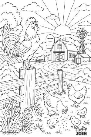 Rooster crowing at sunrise over the farm