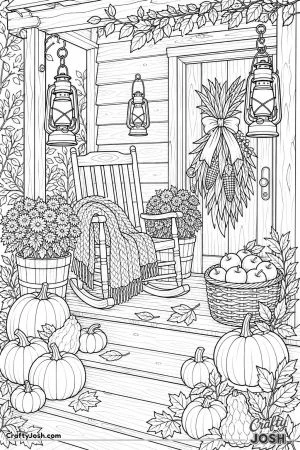Rustic porch with pumpkins lanterns and a rocking chair