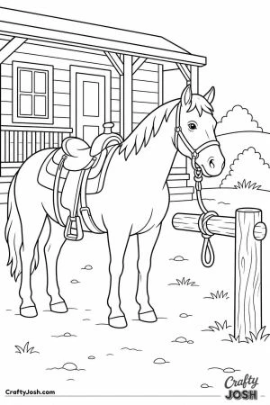 Saddled horse tied at a ranch hitching rail