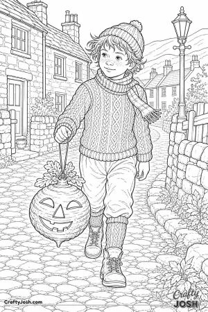 Scottish child carrying a neep lantern on a string