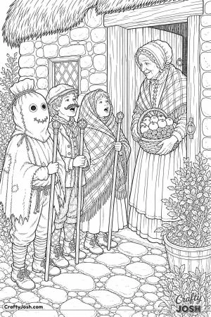 Scottish guisers performing a song at a cottage door