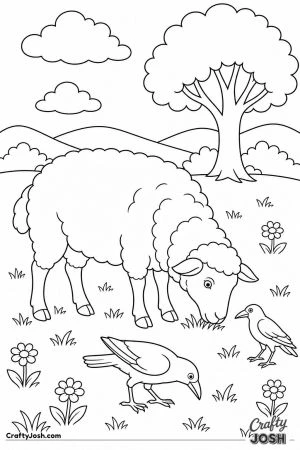 Sheep and crows in the meadow