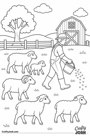 Sheep following the farmer with a feed bucket