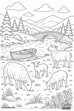 Sheep grazing by a lake in the hills