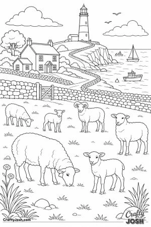 Sheep on a coastal farm with a lighthouse