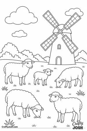 Sheep on a farm with a windmill