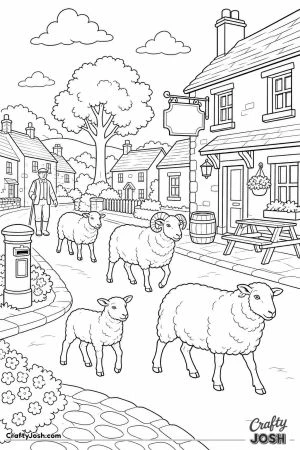 Sheep wandering through a village street