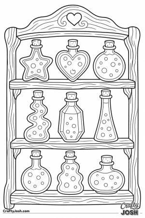 Shelf of potion bottles in funny shapes