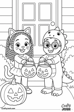 Siblings holding pumpkin buckets at a front door