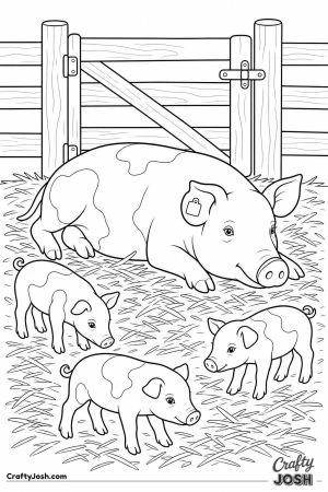 Sow and piglets in a straw pen