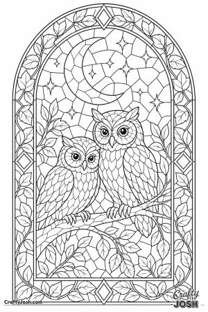 Stained glass window with a moon and owls