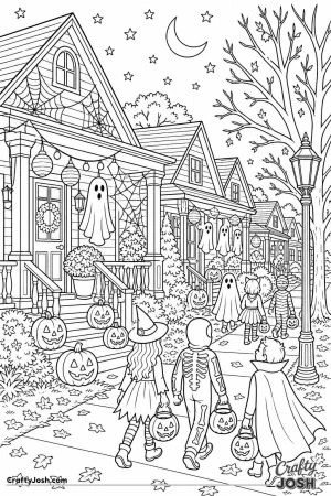 Street of decorated porches on halloween night