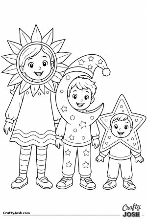 Three siblings dressed as the sun the moon and a star