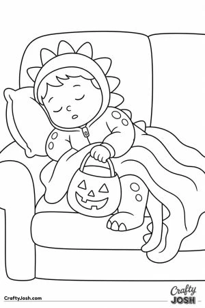 Toddler asleep on the sofa in a dinosaur costume