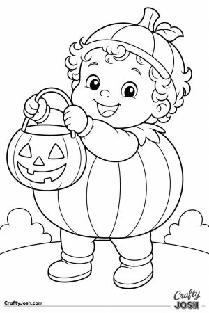Toddler in a pumpkin costume holding a pumpkin bucket