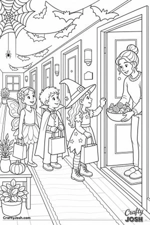 Trick or treating in an apartment hallway