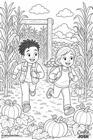 Two friends coming out of a corn maze into the pumpkin patch
