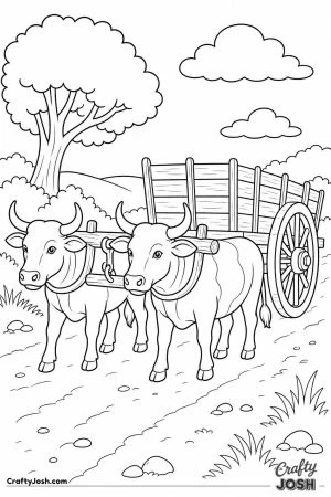Two oxen pulling a wooden cart
