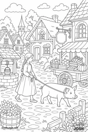 Village street long ago with a girl and her pig