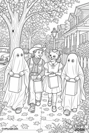 Vintage trick or treaters in sheet ghosts and paper masks